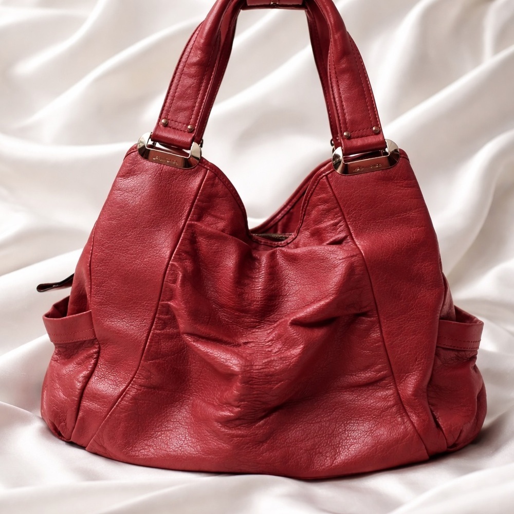 B Makowsky Red Pebbled Leather Hobo Shoulder Bag Large - Picture 2 of 13